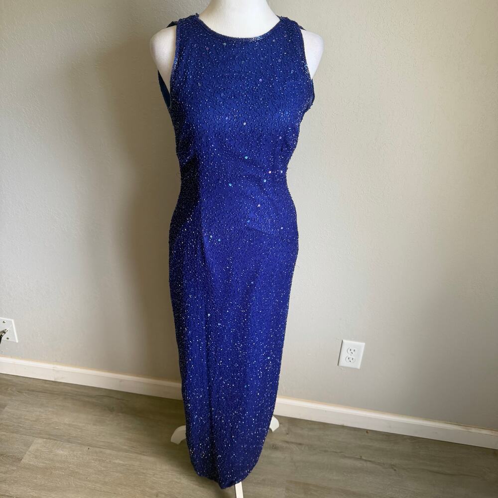 Vintage Stenay Royal Blue 100% Silk Fully Beaded Sequins Gown  Womens 4 Formal
